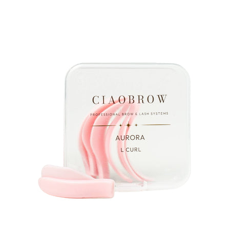 CiaoBrow Aurora L Curl lash curlers in a translucent square case.