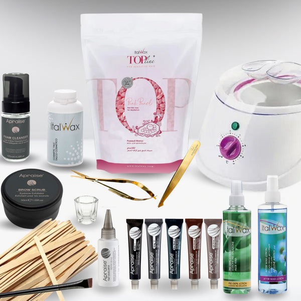 Brow Kit containing:
400ml Wax Heater
400ml Cool Wax or 750g Wax Beads
100 strips (only with Cool wax kit)
100 thin spatulas
Talc
Mini Pre Wax 
After Wax
5 ApraiseTints
Apraise Developer
Apraise Scrub
Apraise Shampoo
Dappen Dish
Tinting Brush
Angled Brush
White Gel Pen
Gold Tool Tweezer
Gold Tool Scissors
(Please note that there may be variations of each product as displayed from the picture)