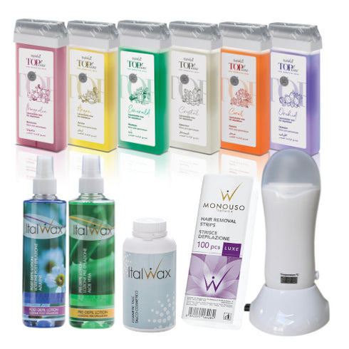 A Collection of Cartridges, pre-wax and after wax care, talc, hair removal strips, cartridge heater with thermometer