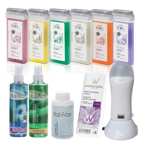 A Collection of Cartridges, pre-wax and after wax care, talc, hair removal strips, cartridge heater with thermometer