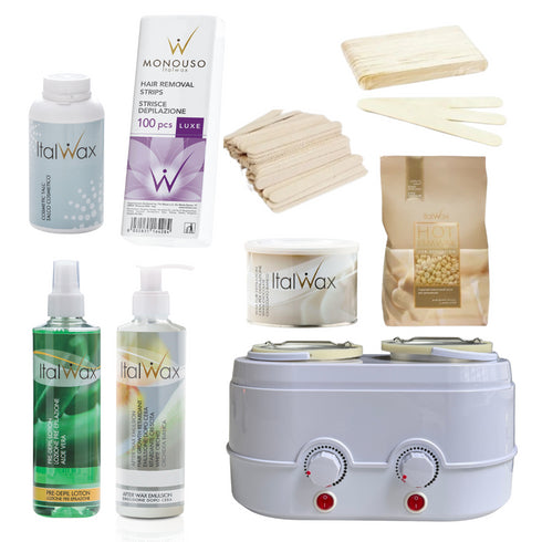 Italwax Starter kit with Double heater including wax beans, wax tin, spatulas, strips, talc, pre-wax lotion, afterwax lotion
