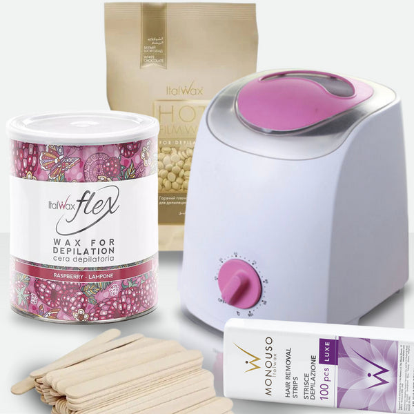 Italwax Waxing Kit inluding 800ml Heater, spatulas, 100 strips, wax beans, wax tin