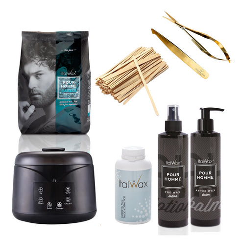 Male Facial Waxing Kit Containing:
Wax Heater (400ml)
500g Pour Homme Barber Edition Wax
150gr cosmetic talc
250ml Pre-wax aloe vera lotion
250ml After wax cooling gel
Scissors
Tweezers
*Products may vary from the picture*