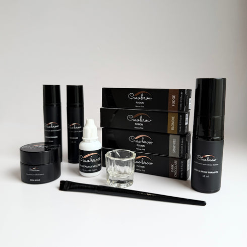 Student Henna Kit containing 4 colours of henna fusion tint, developer, brow prep, remover, and an angled brush with dappen dish