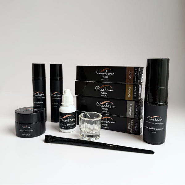 Student Henna Kit containing 4 colours of henna fusion tint, developer, brow prep, remover, and an angled brush with dappen dish